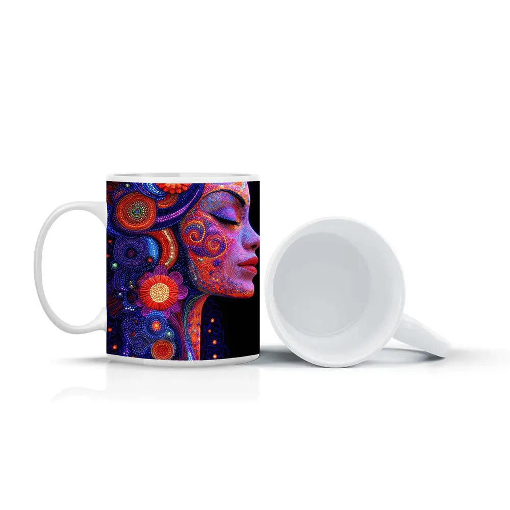 Colorful Dotwork Woman Profile Floral Art – Mugs