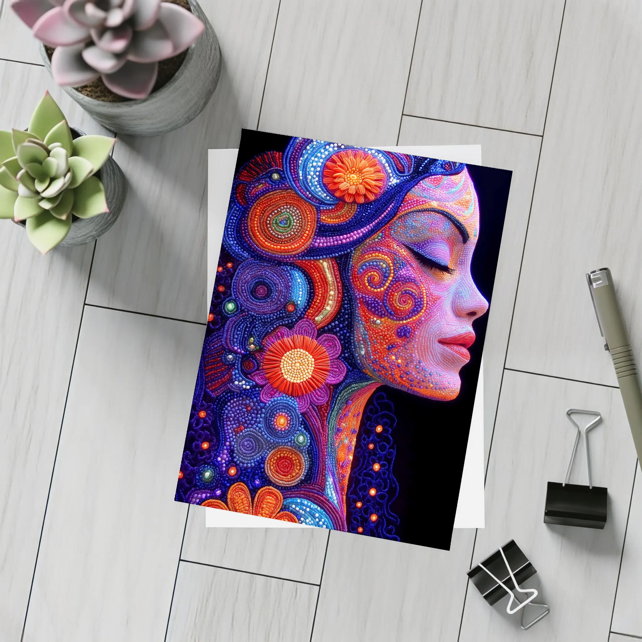 Colorful Dotwork Woman Profile Floral Art – Postcards