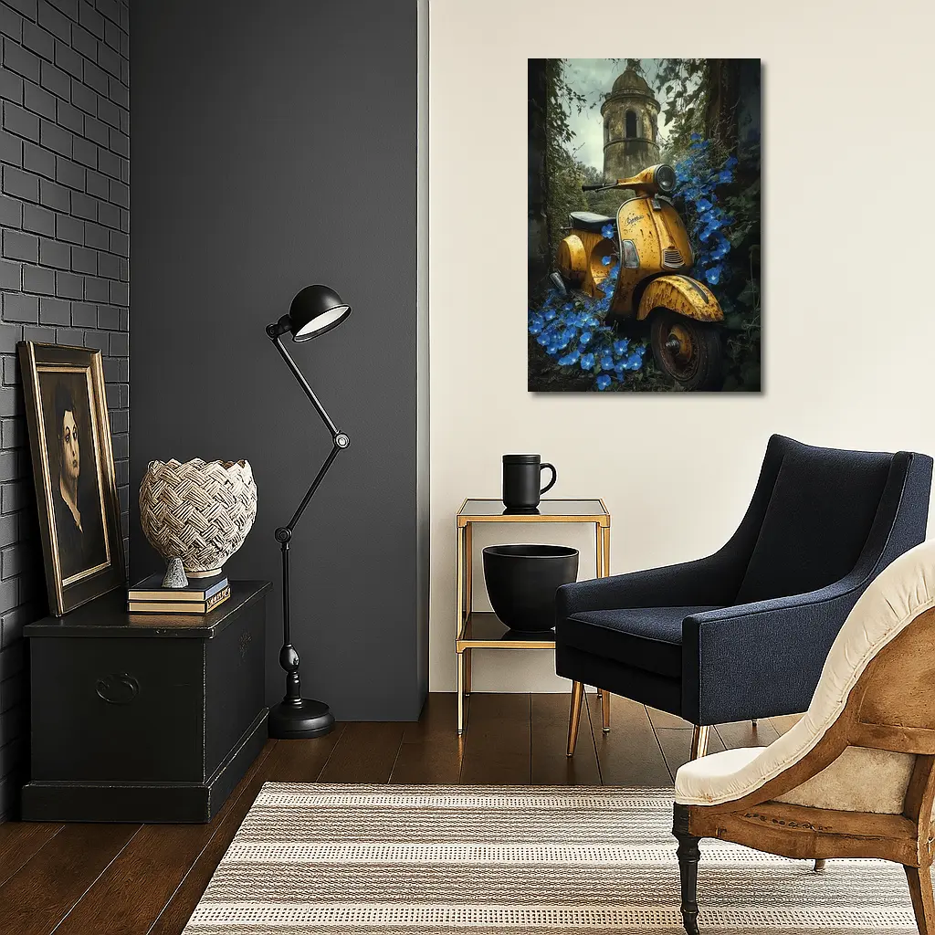Rusty Yellow Vespa Scooter Blue Flowers Tower – Wall Art