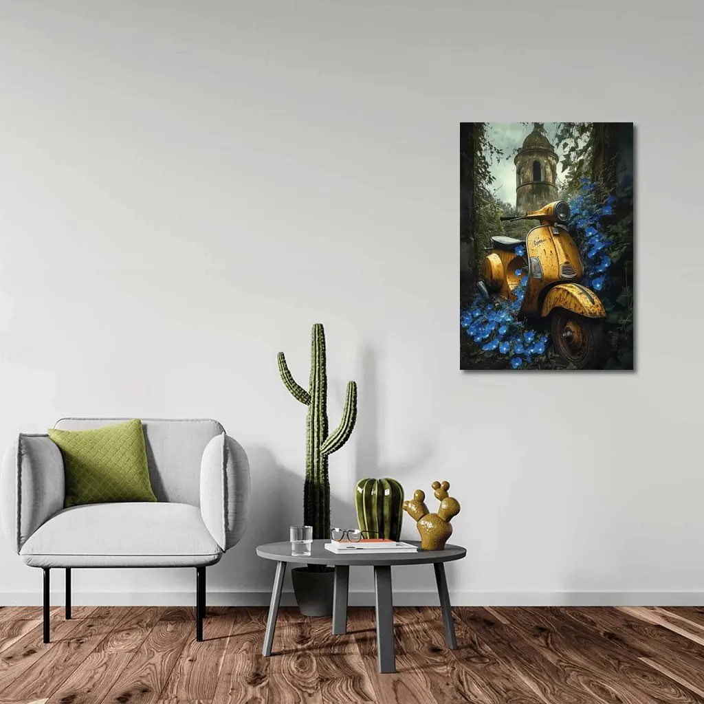 Rusty Yellow Vespa Scooter Blue Flowers Tower – Wall Art