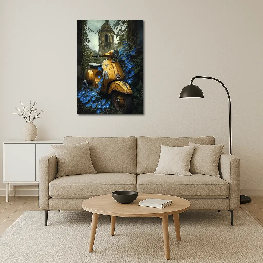Rusty Yellow Vespa Scooter Blue Flowers Tower – Wall Art