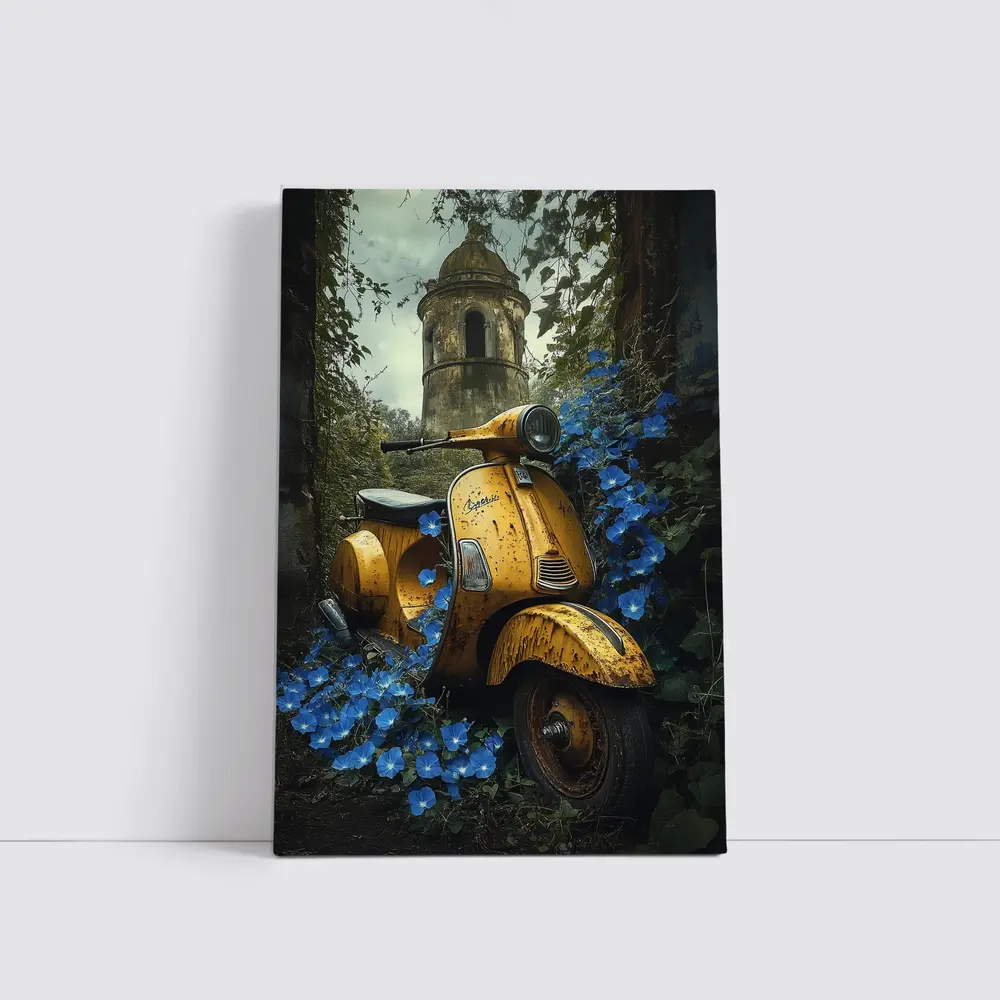 Rusty Yellow Vespa Scooter Blue Flowers Tower – Wall Art