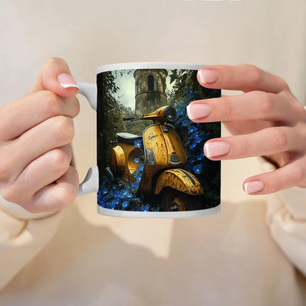 Rusty Yellow Vespa Scooter Blue Flowers Tower – Mugs