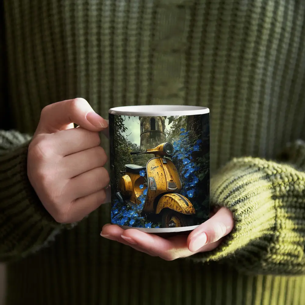 Rusty Yellow Vespa Scooter Blue Flowers Tower – Mugs