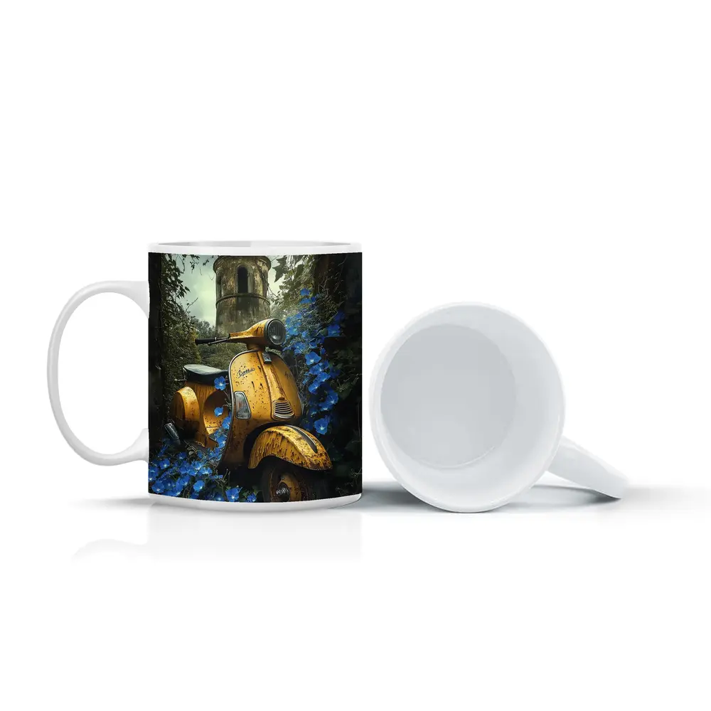 Rusty Yellow Vespa Scooter Blue Flowers Tower – Mugs