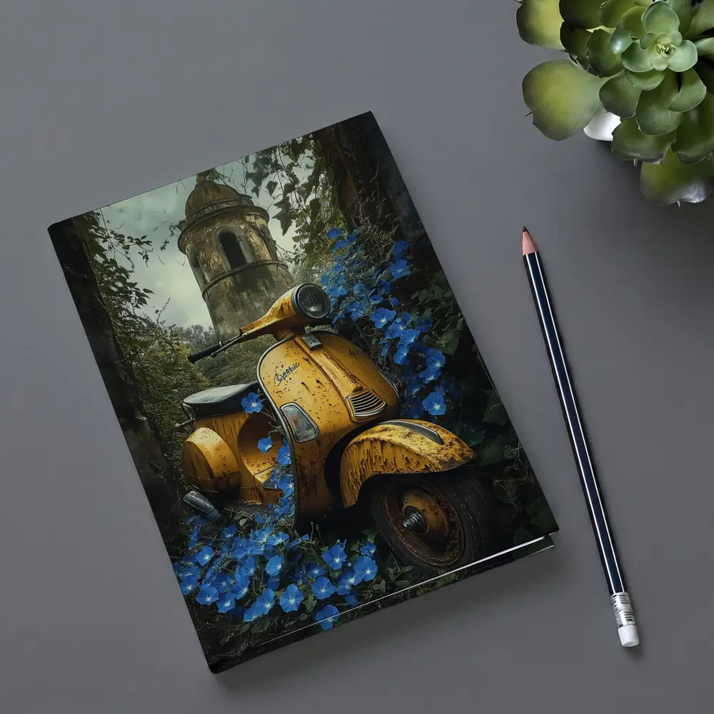 Rusty Yellow Vespa Scooter Blue Flowers Tower – Notebooks