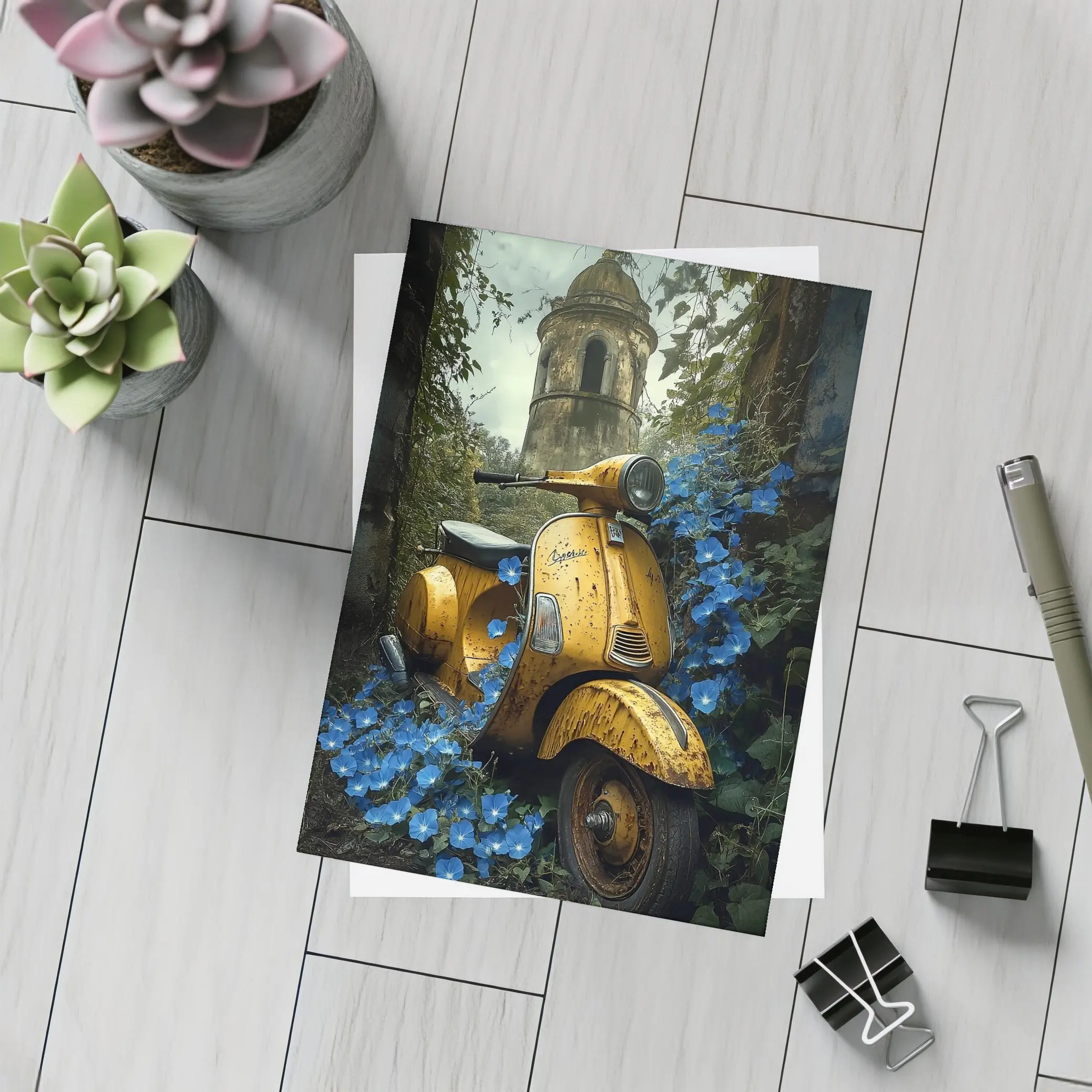 Rusty Yellow Vespa Scooter Blue Flowers Tower – Postcards