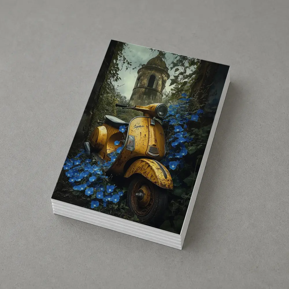 Rusty Yellow Vespa Scooter Blue Flowers Tower – Postcards