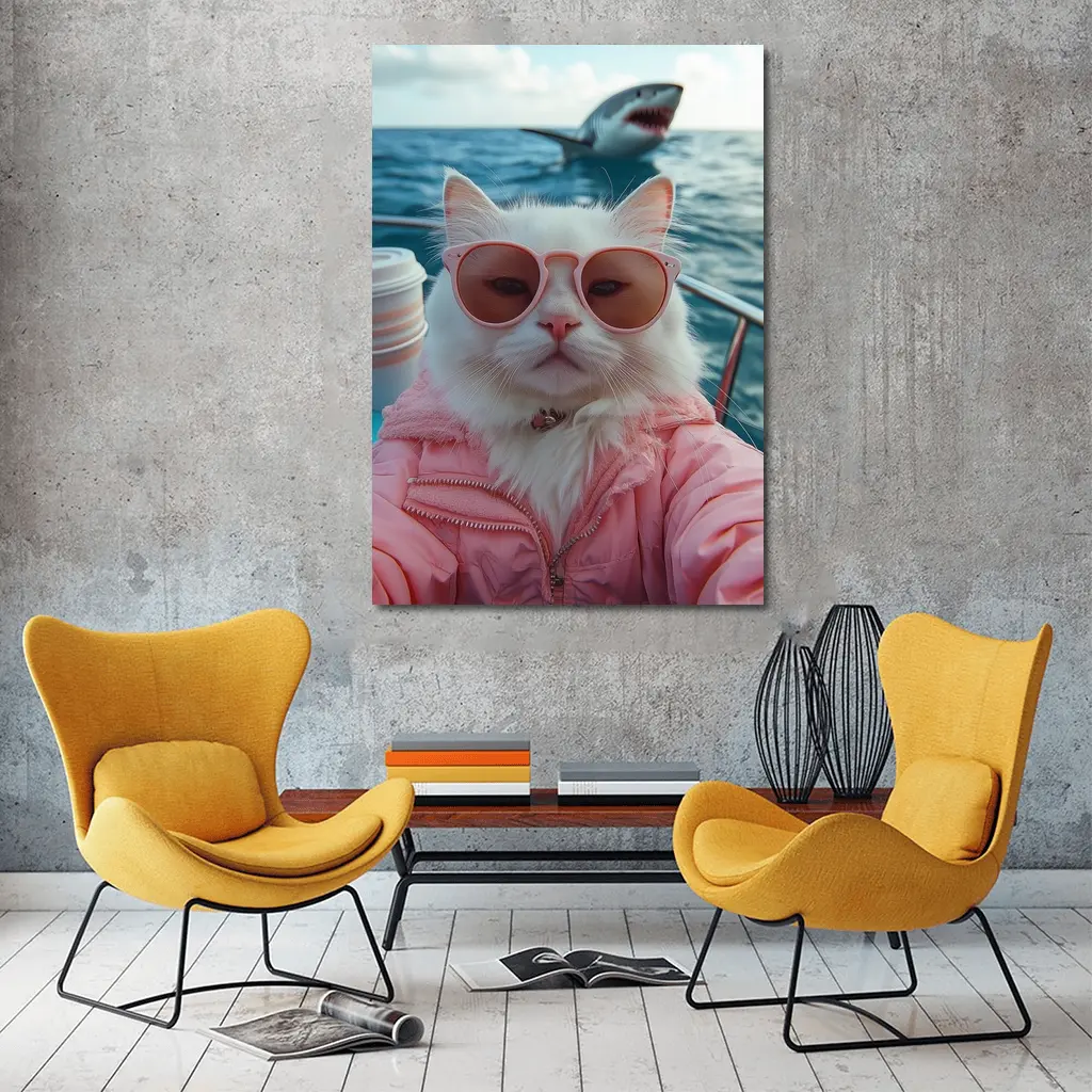 White Cat Pink Jacket Sunglasses Ocean Shark – Wall Art
