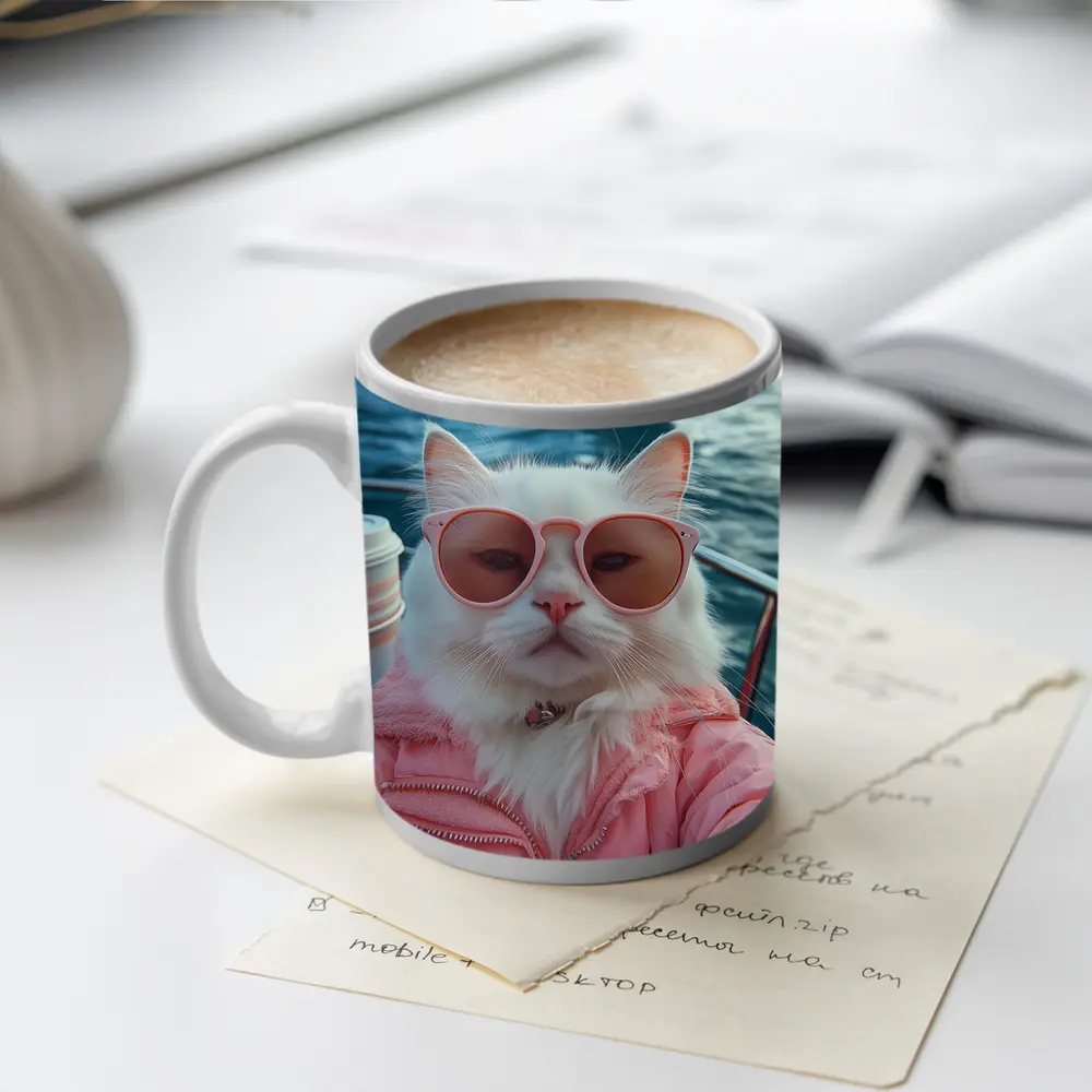 White Cat Pink Jacket Sunglasses Ocean Shark – Mugs