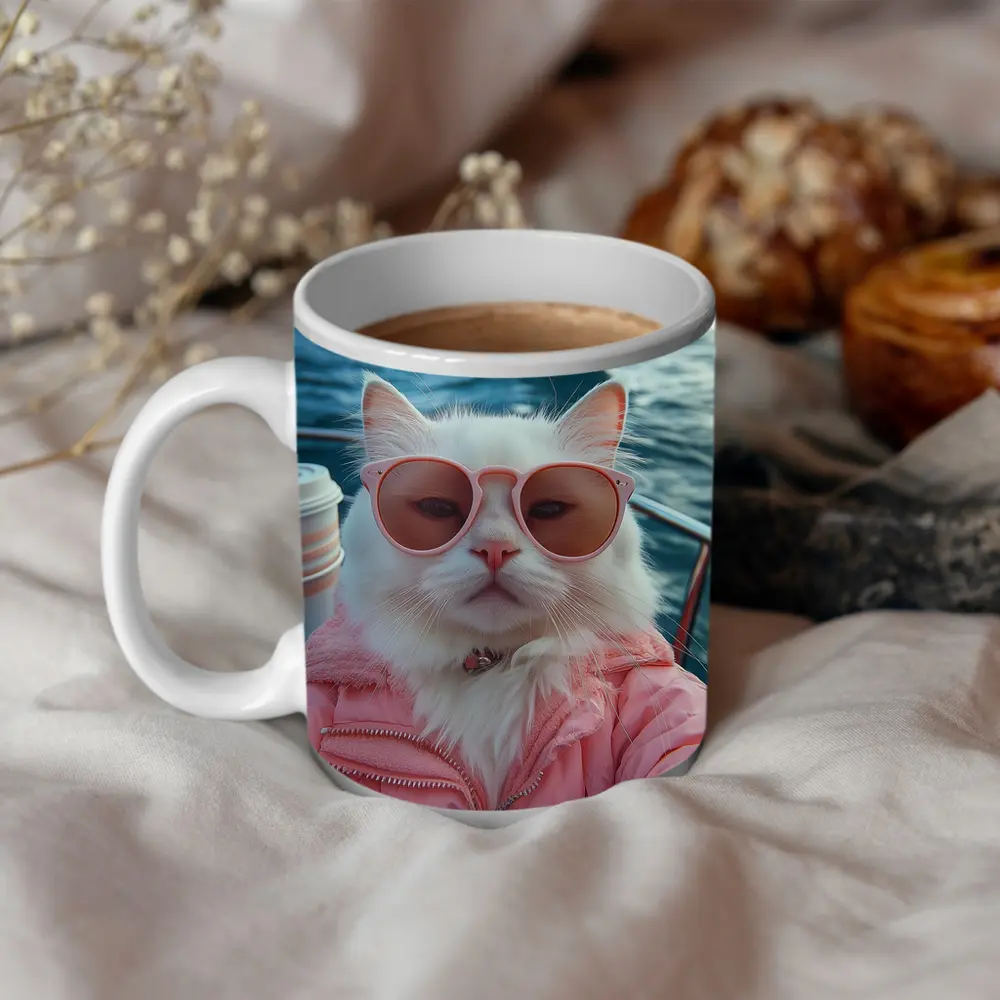 White Cat Pink Jacket Sunglasses Ocean Shark – Mugs