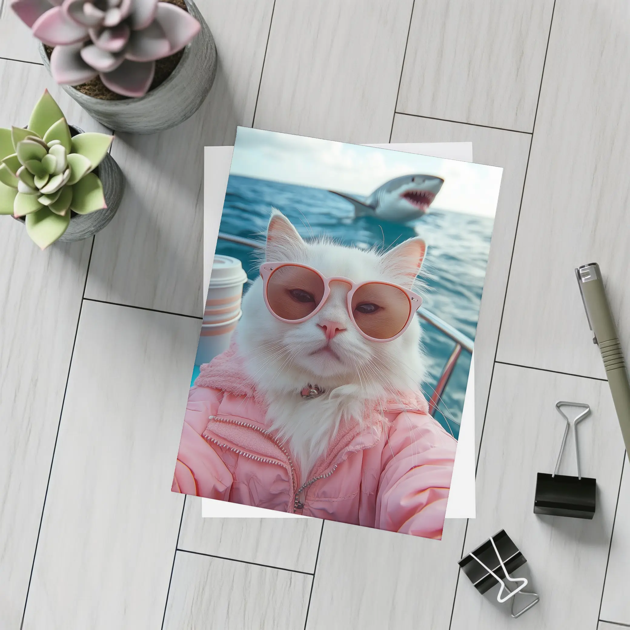 White Cat Pink Jacket Sunglasses Ocean Shark – Postcards
