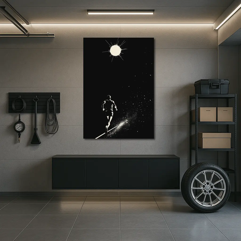 Runner Sprinting Toward Light Black Background – Wall Art