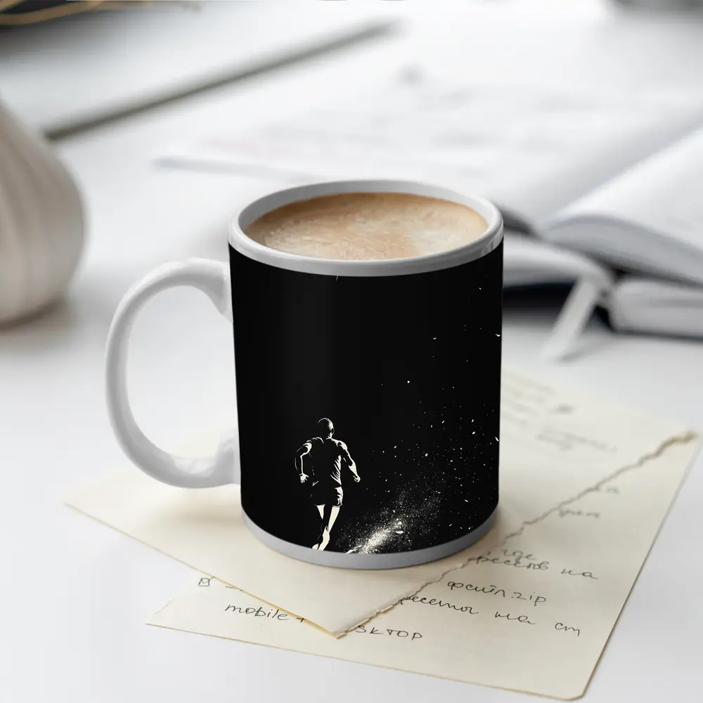 Runner Sprinting Toward Light Black Background – Mugs