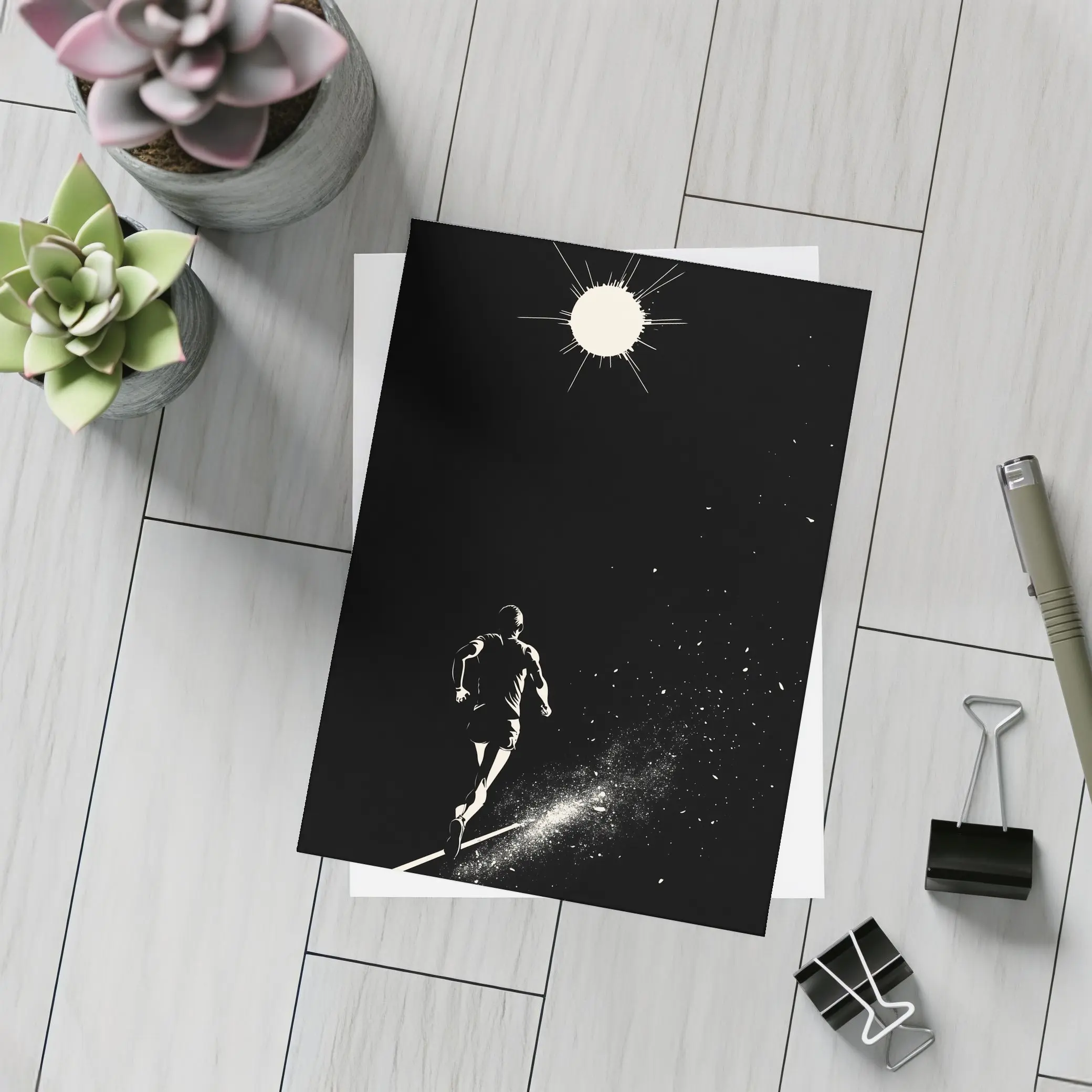 Runner Sprinting Toward Light Black Background – Postcards