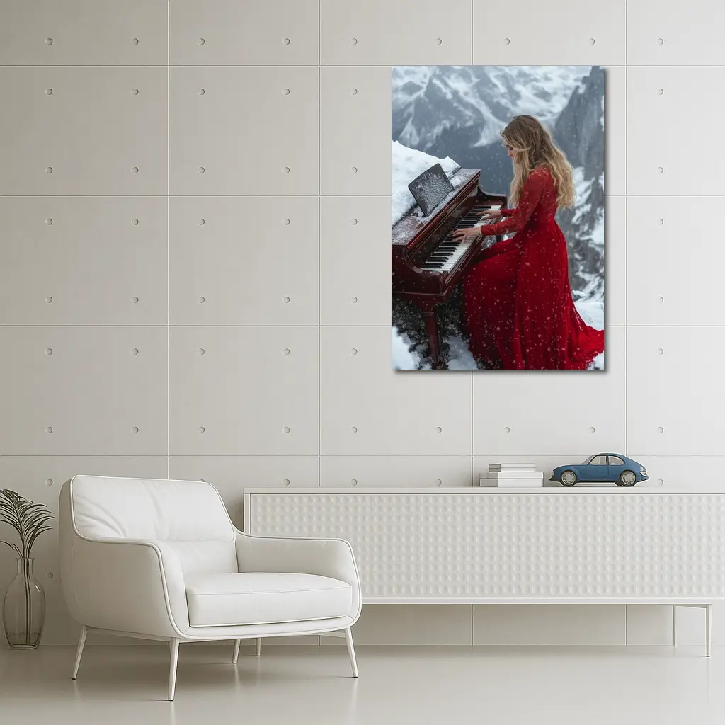 Woman Red Dress Playing Piano Snowy Mountains – Wall Art