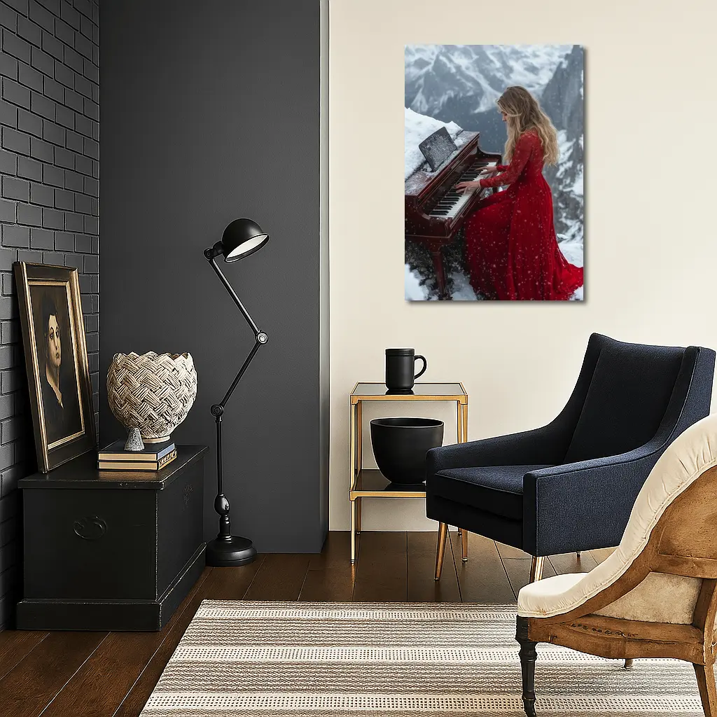 Woman Red Dress Playing Piano Snowy Mountains – Wall Art