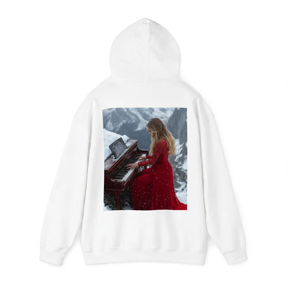 Woman Red Dress Playing Piano Snowy Mountains – Hoodies