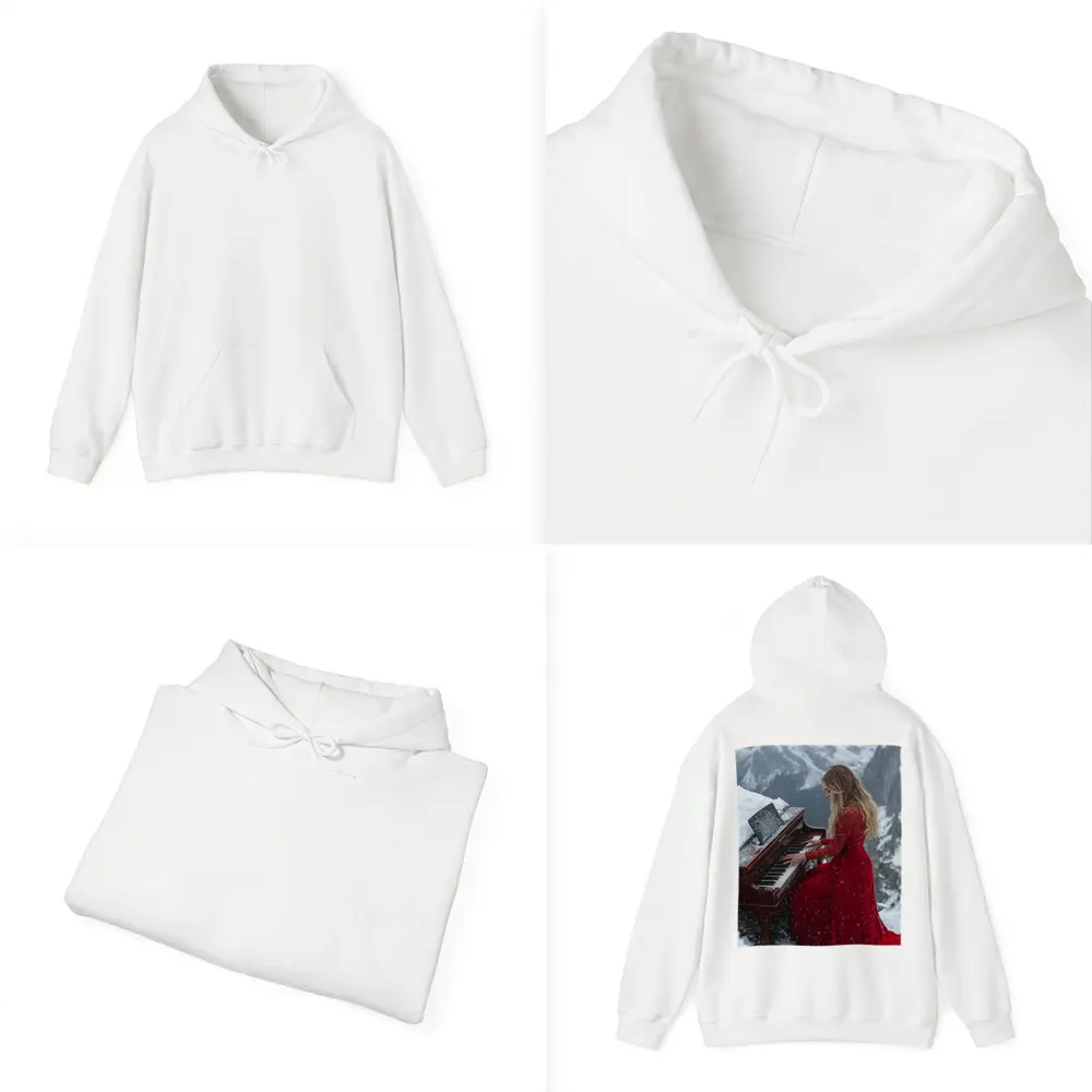 Woman Red Dress Playing Piano Snowy Mountains – Hoodies