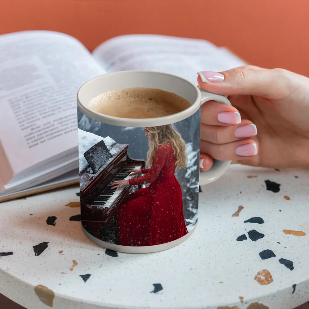 Woman Red Dress Playing Piano Snowy Mountains – Mugs
