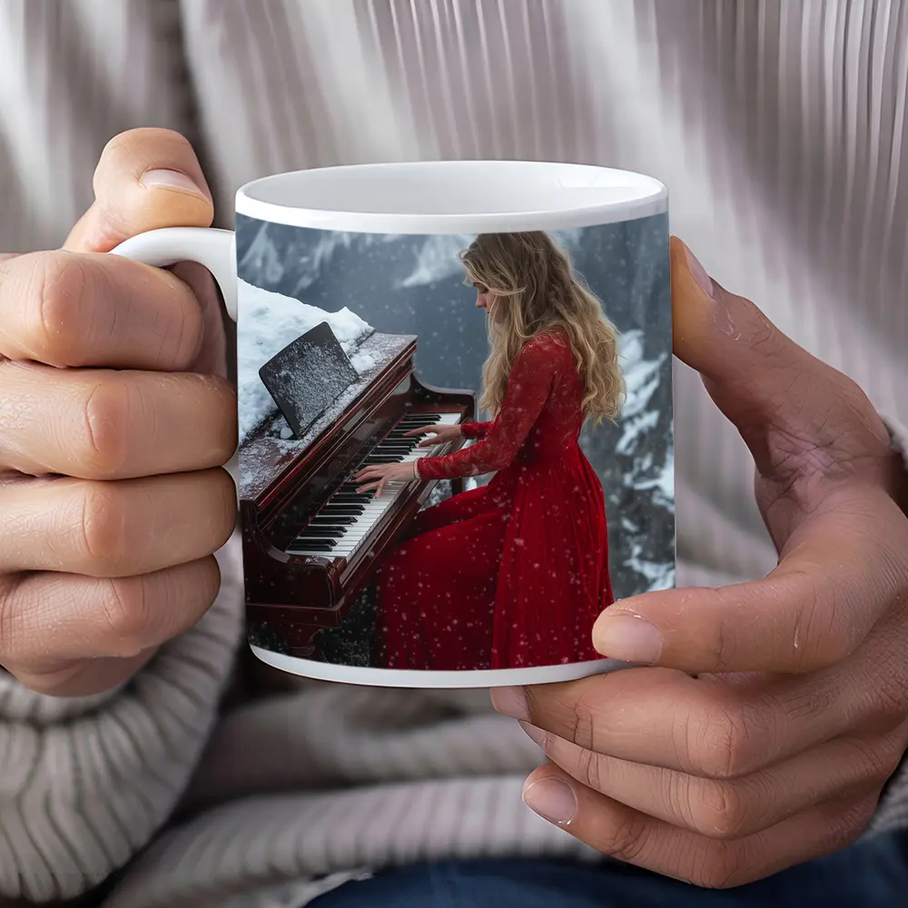 Woman Red Dress Playing Piano Snowy Mountains – Mugs