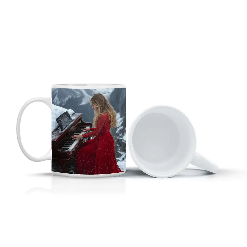 Woman Red Dress Playing Piano Snowy Mountains – Mugs
