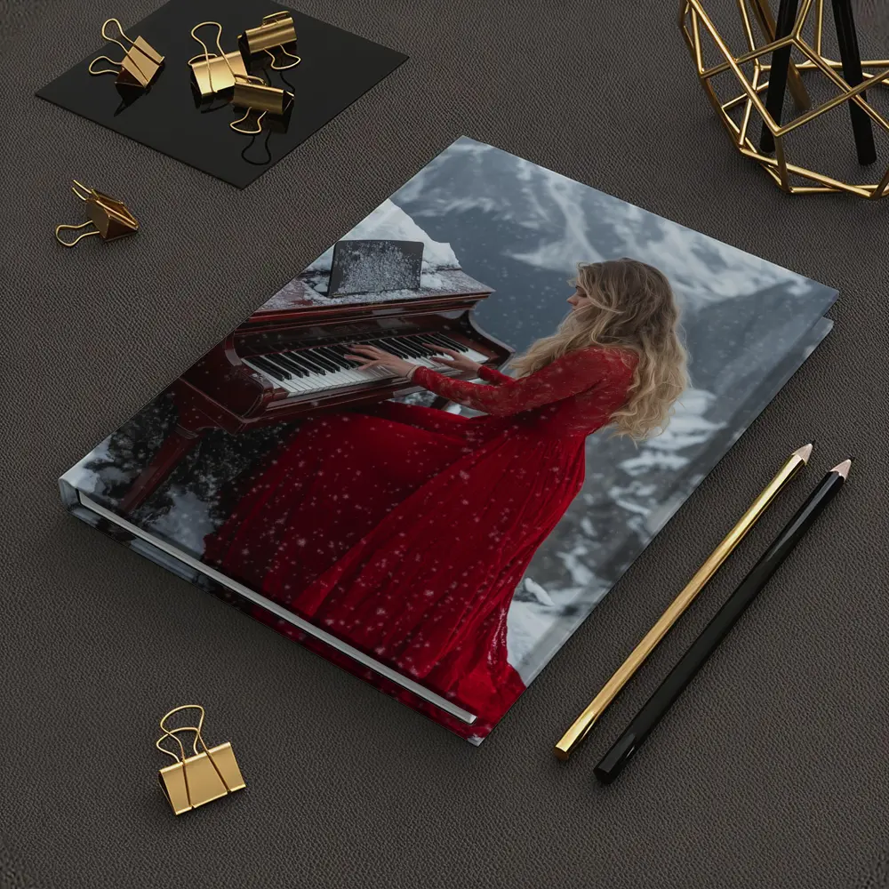 Woman Red Dress Playing Piano Snowy Mountains – Notebooks