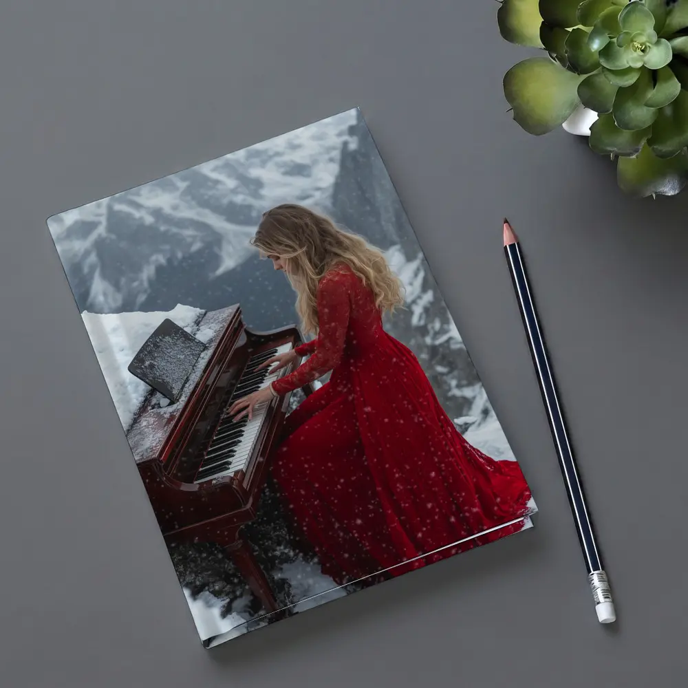 Woman Red Dress Playing Piano Snowy Mountains – Notebooks