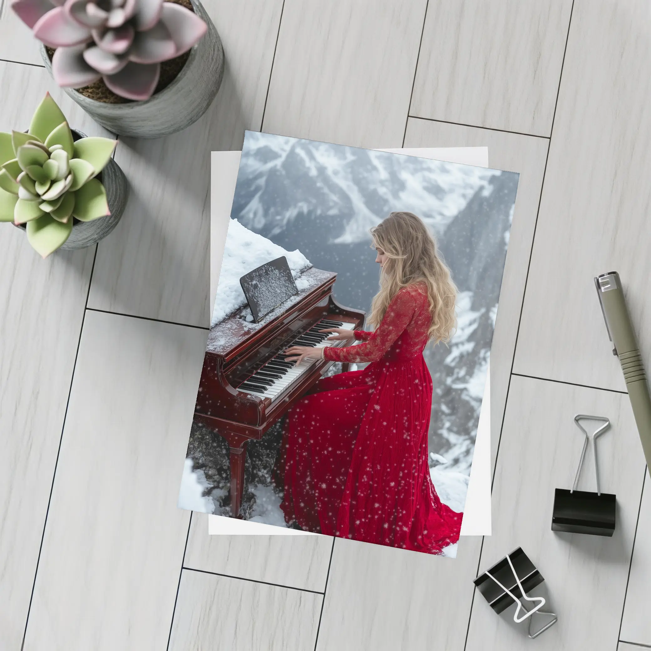 Woman Red Dress Playing Piano Snowy Mountains – Postcards