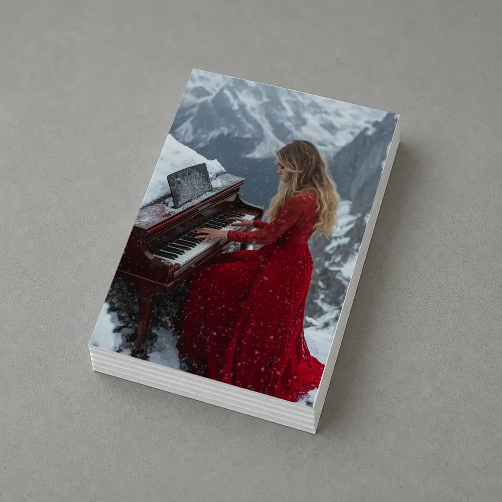 Woman Red Dress Playing Piano Snowy Mountains – Postcards
