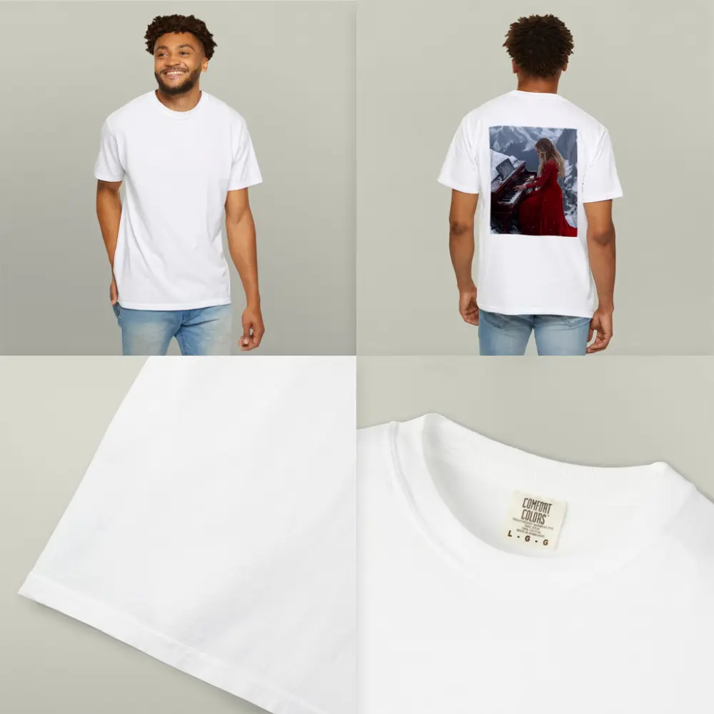Woman Red Dress Playing Piano Snowy Mountains – T-Shirts