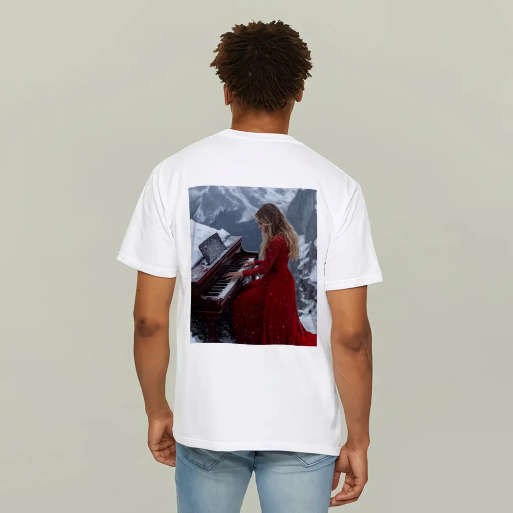 Woman Red Dress Playing Piano Snowy Mountains – T-Shirts