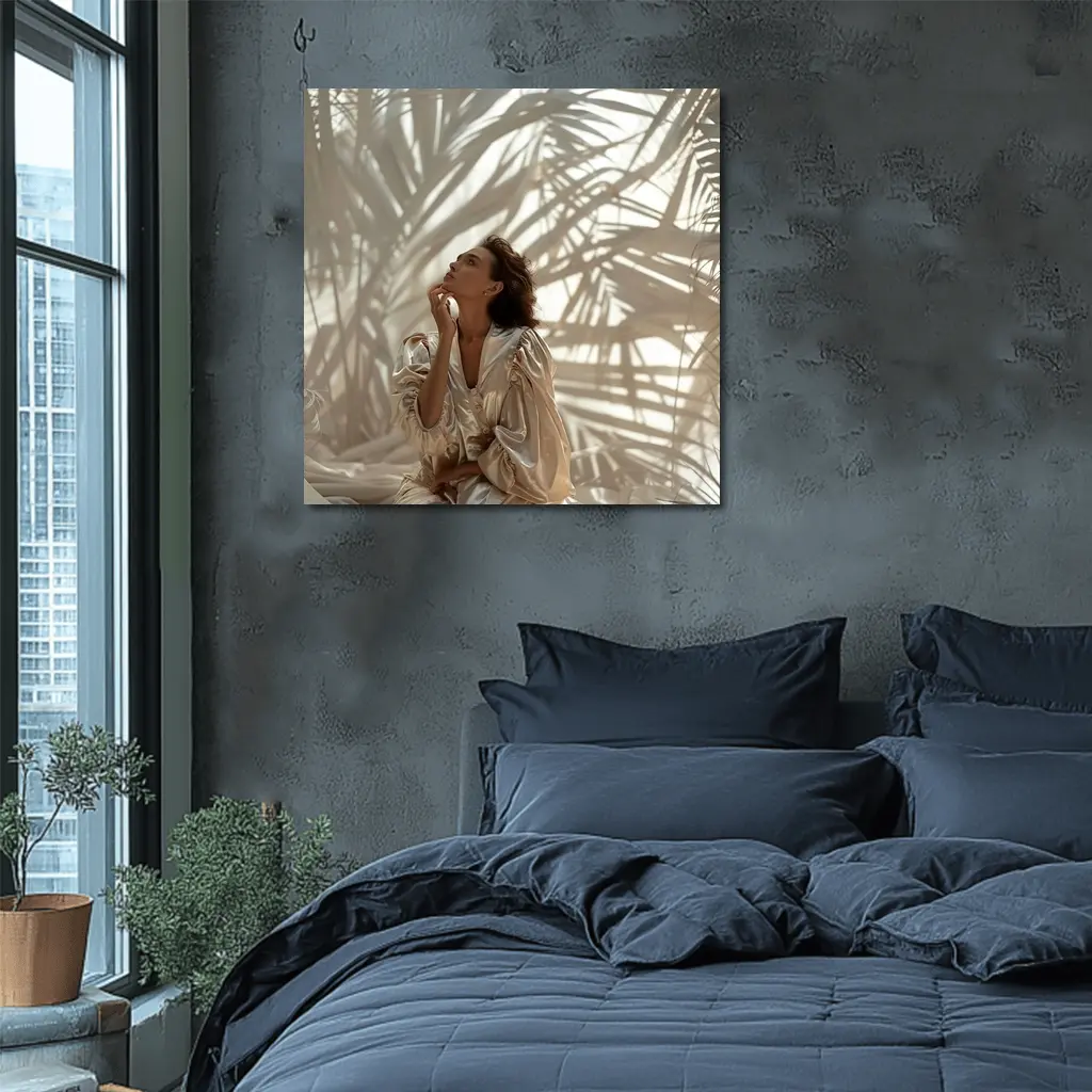 Woman in Silk Robe Palm Shadow Light – Wall Art