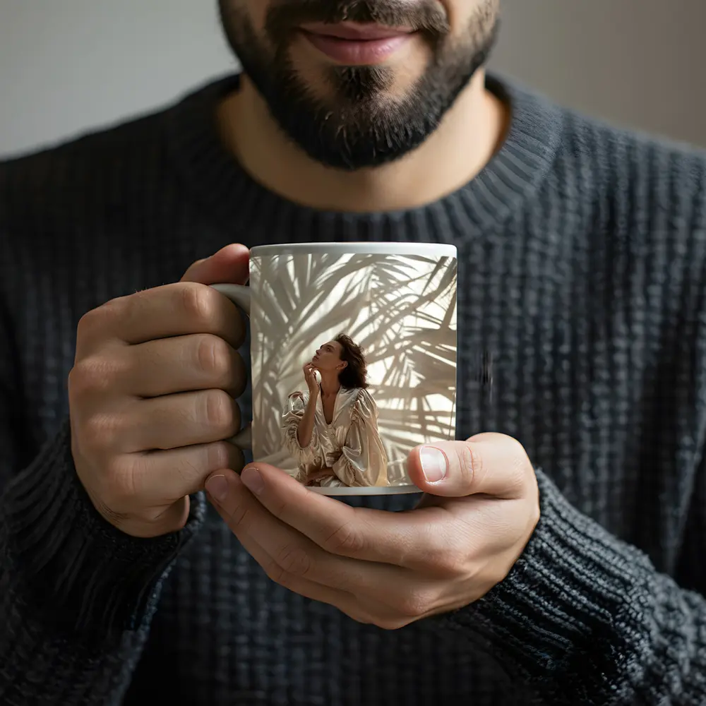 Woman in Silk Robe Palm Shadow Light – Mugs