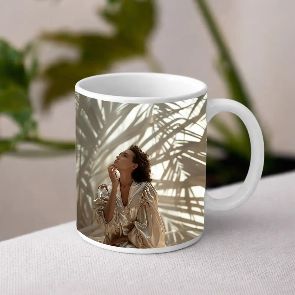 Woman in Silk Robe Palm Shadow Light – Mugs