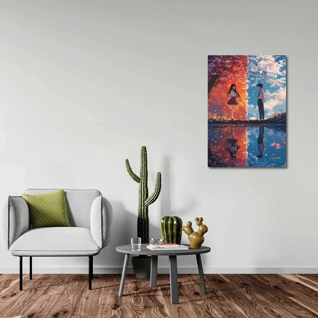 Anime Couple Reflecting Cherry Blossom Split Scene – Wall Art