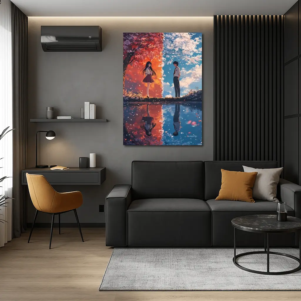 Anime Couple Reflecting Cherry Blossom Split Scene – Wall Art