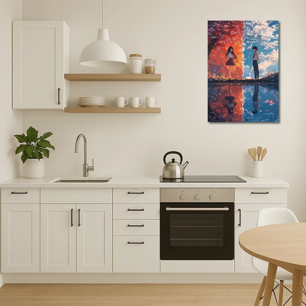Anime Couple Reflecting Cherry Blossom Split Scene – Wall Art