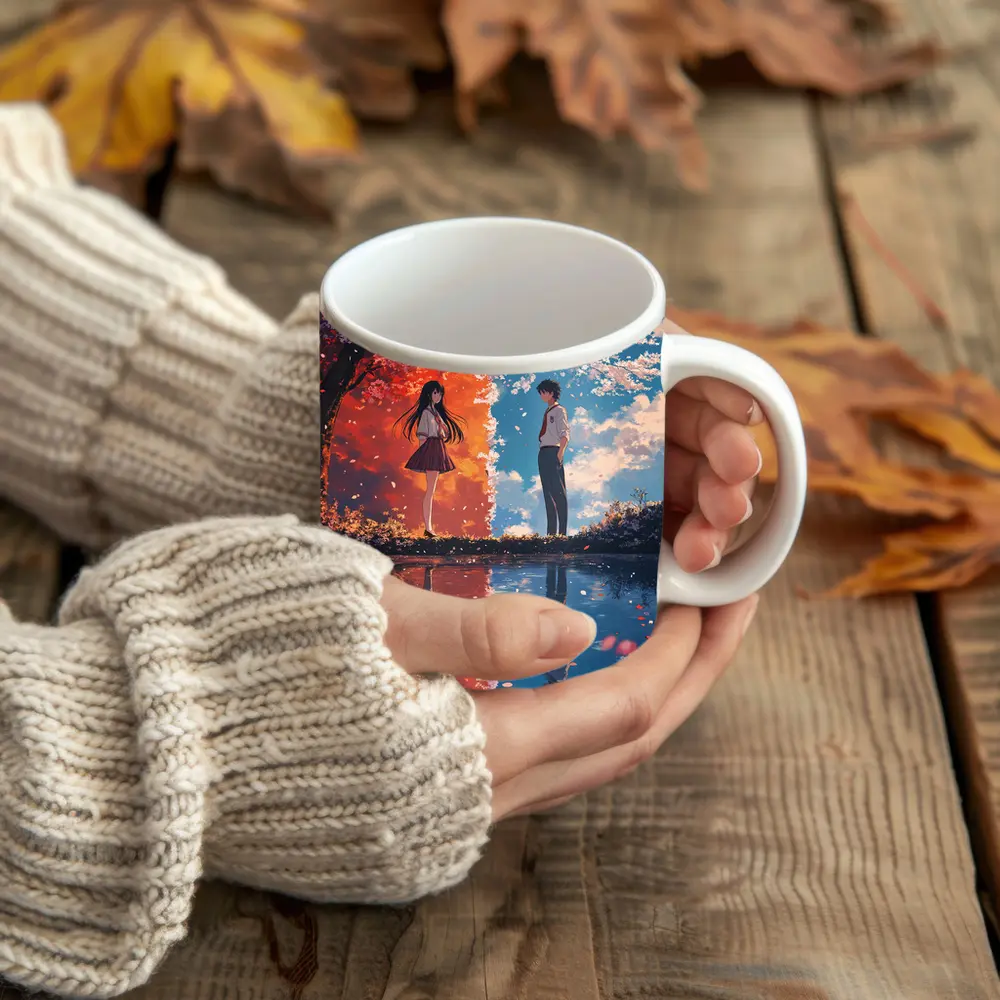 Anime Couple Reflecting Cherry Blossom Split Scene – Mugs