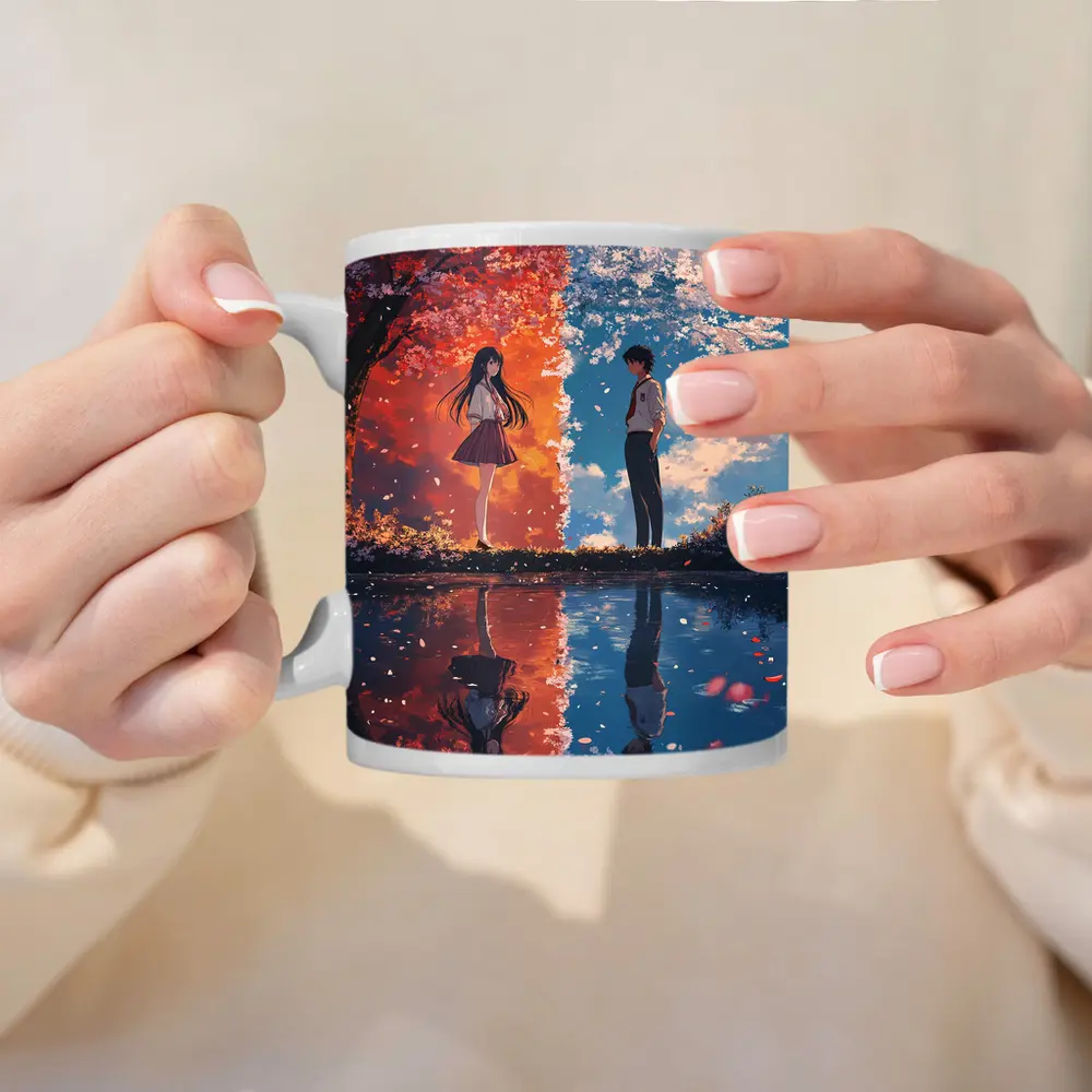 Anime Couple Reflecting Cherry Blossom Split Scene – Mugs