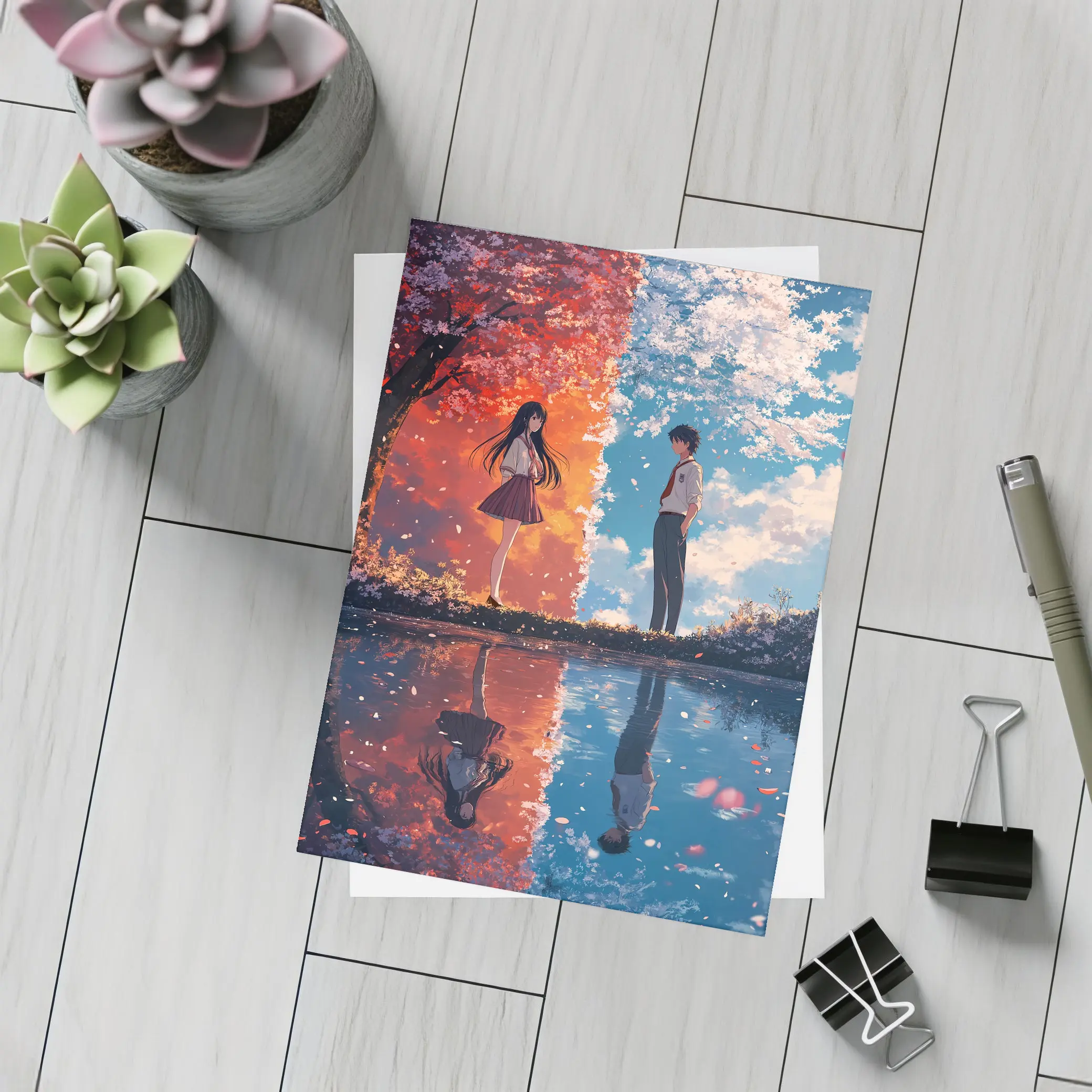 Anime Couple Reflecting Cherry Blossom Split Scene – Postcards