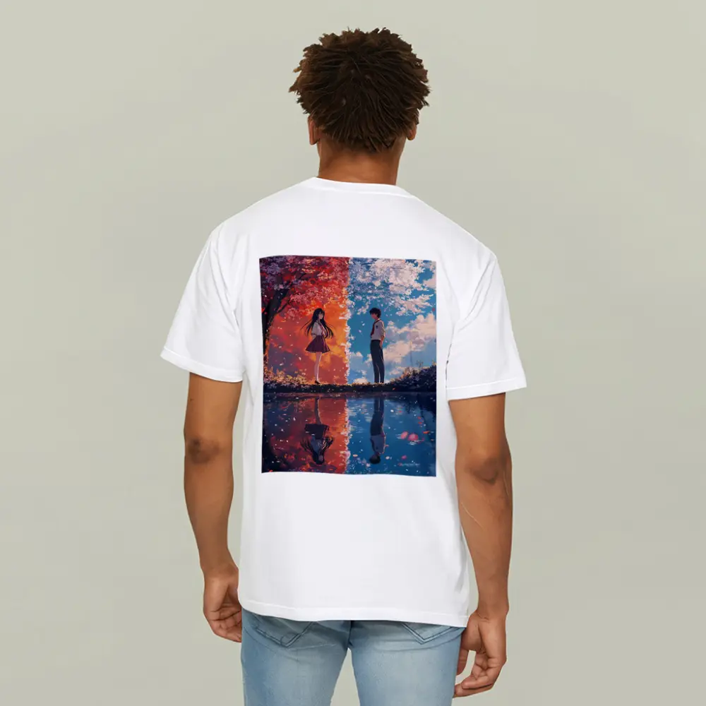 Anime Couple Reflecting Cherry Blossom Split Scene – T-Shirts