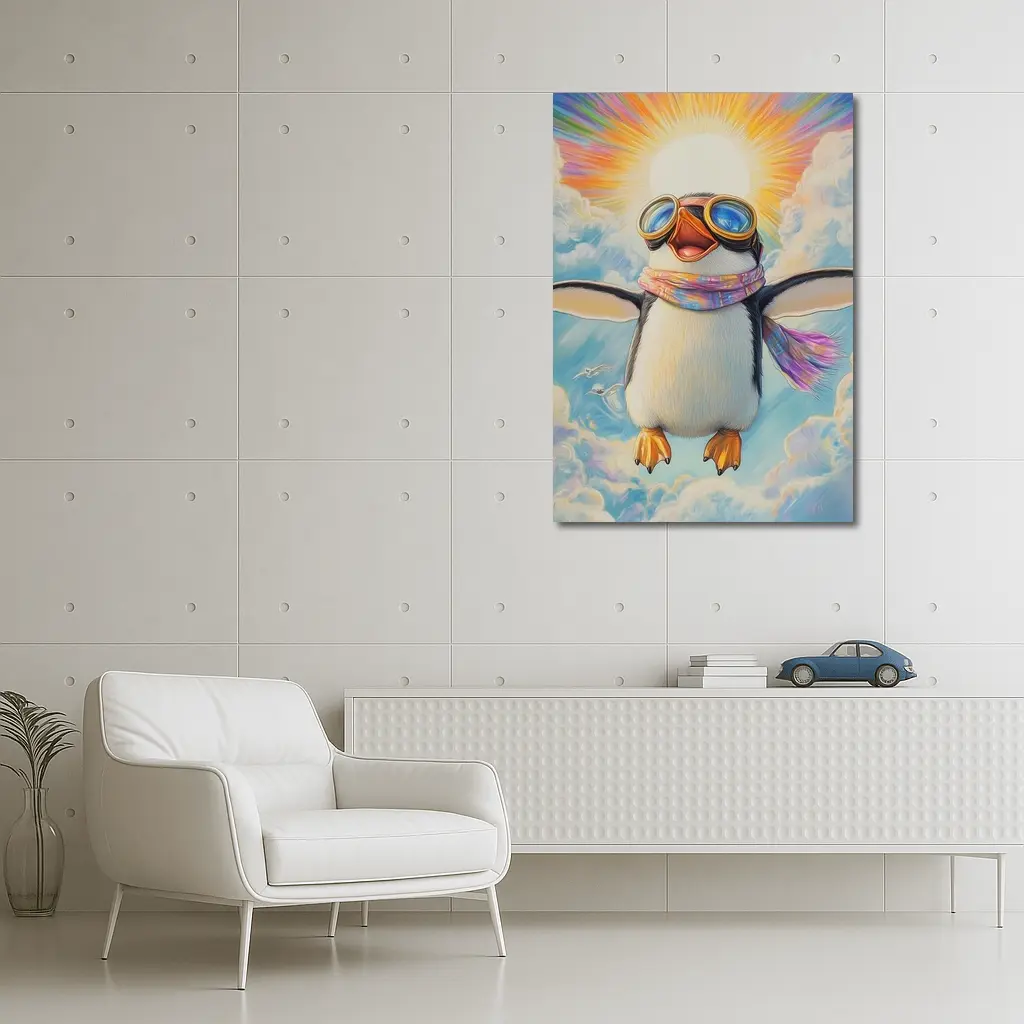 Happy Penguin Flying Through Colorful Sky – Wall Art