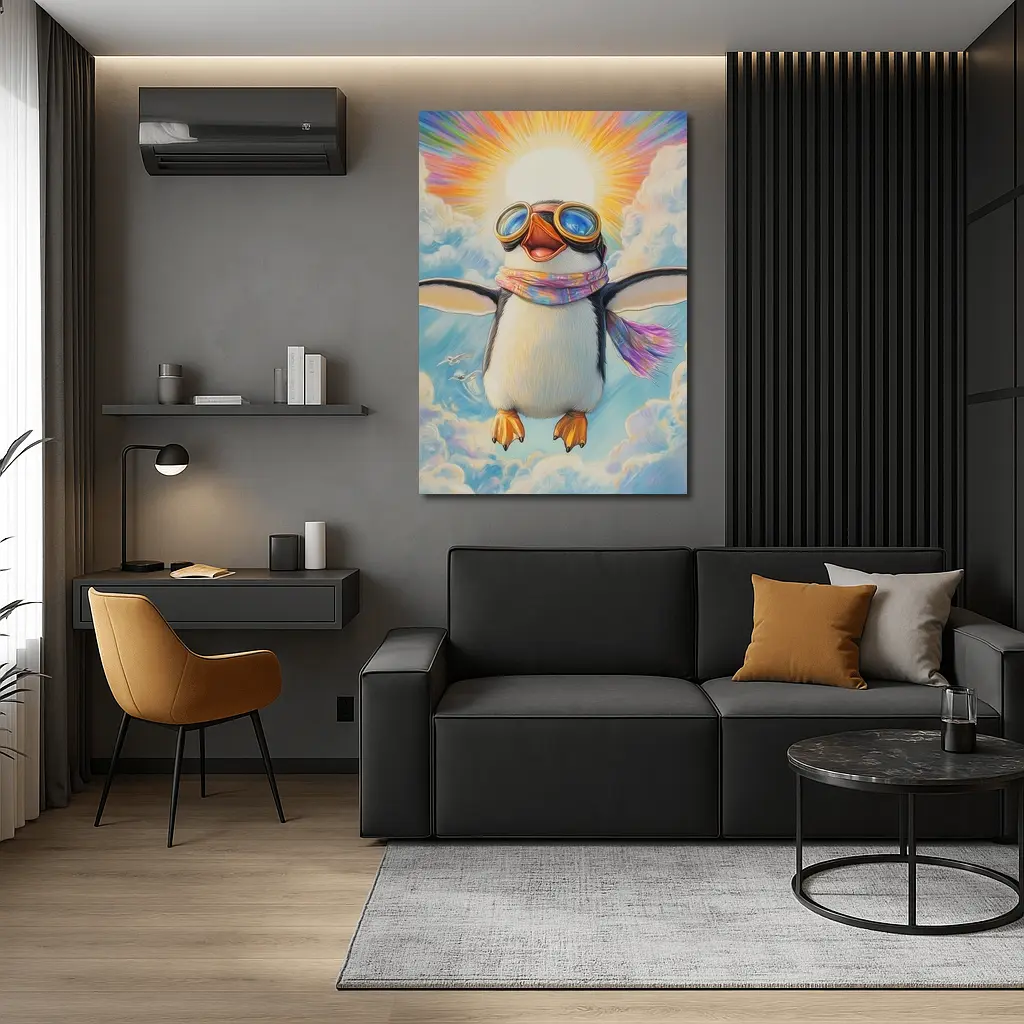 Happy Penguin Flying Through Colorful Sky – Wall Art