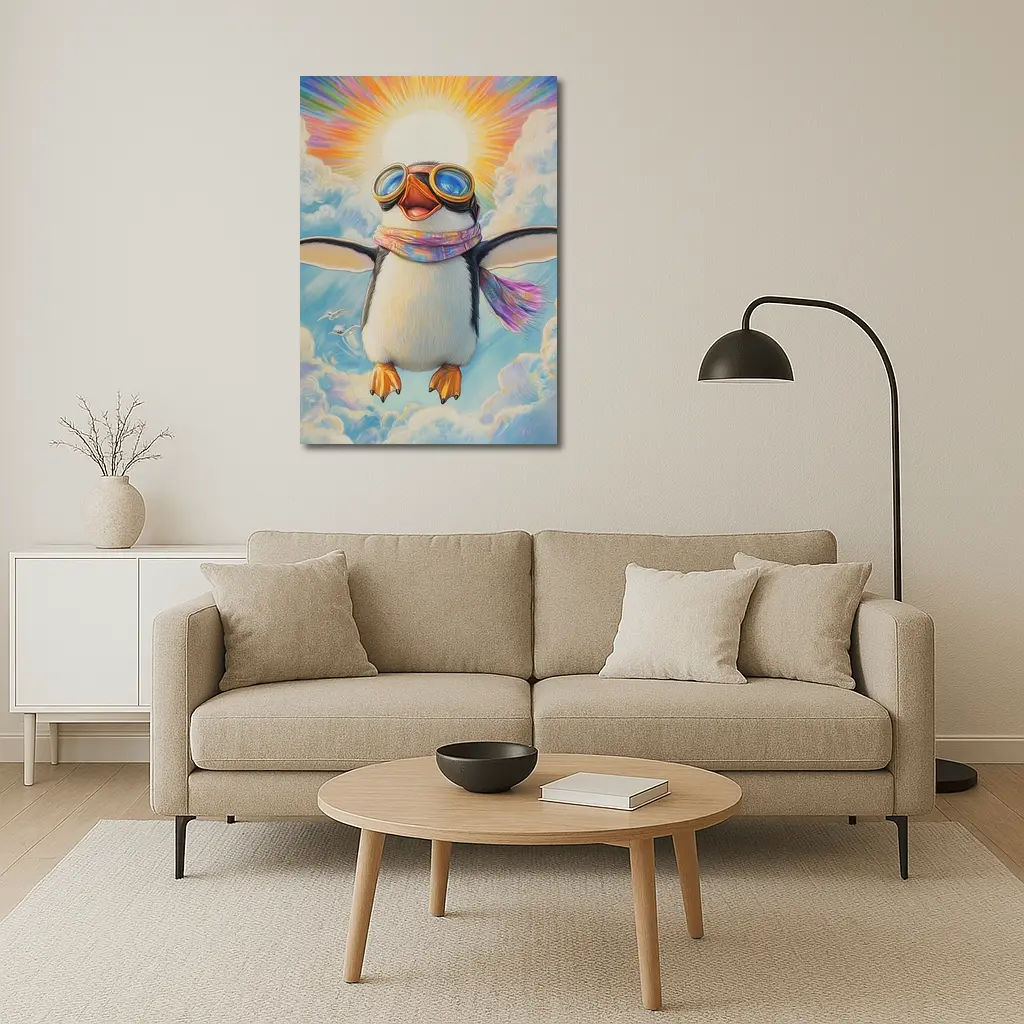 Happy Penguin Flying Through Colorful Sky – Wall Art