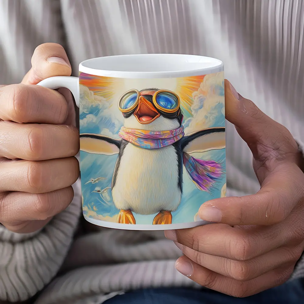 Happy Penguin Flying Through Colorful Sky – Mugs
