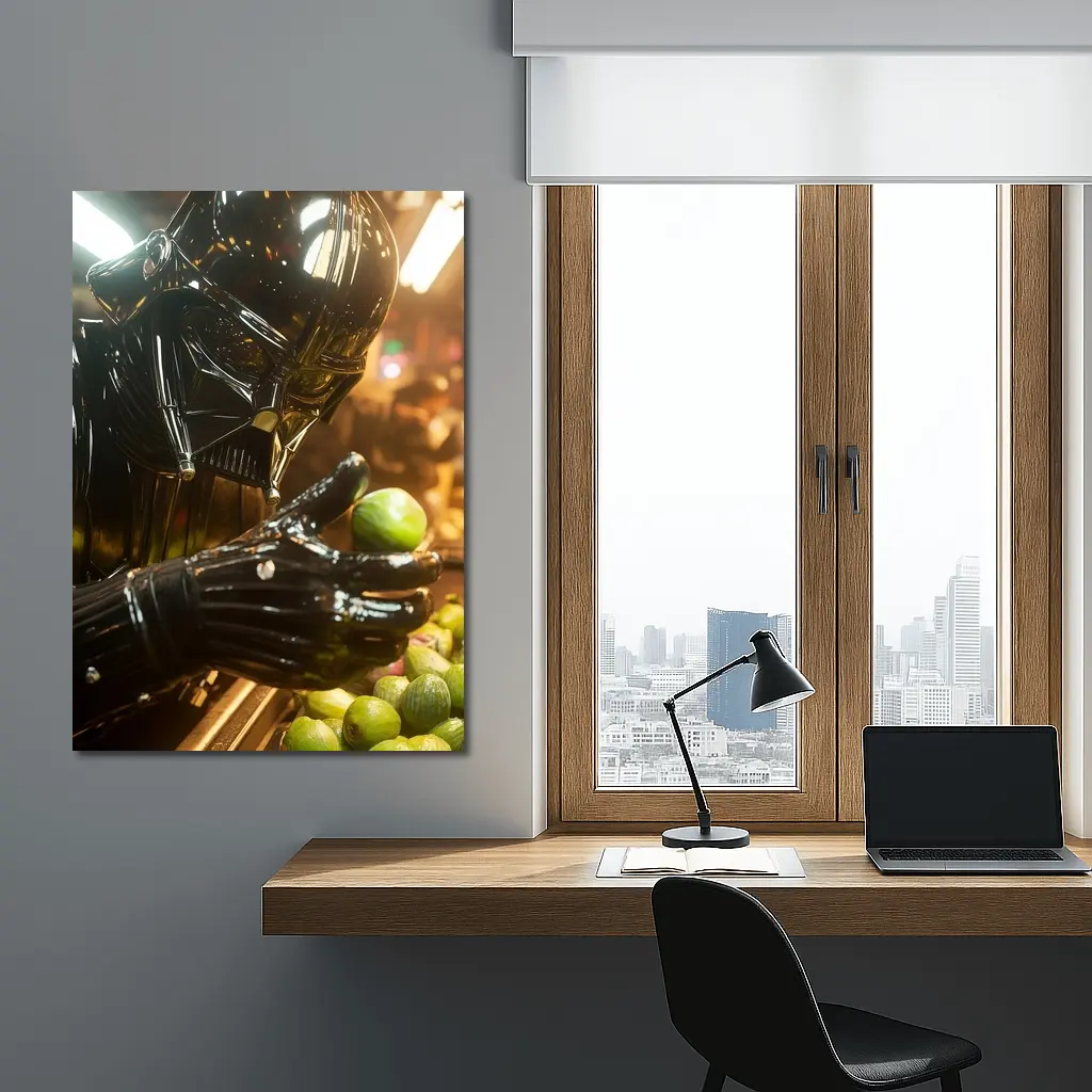 Dark Armored Figure Picking Green Fruits – Wall Art