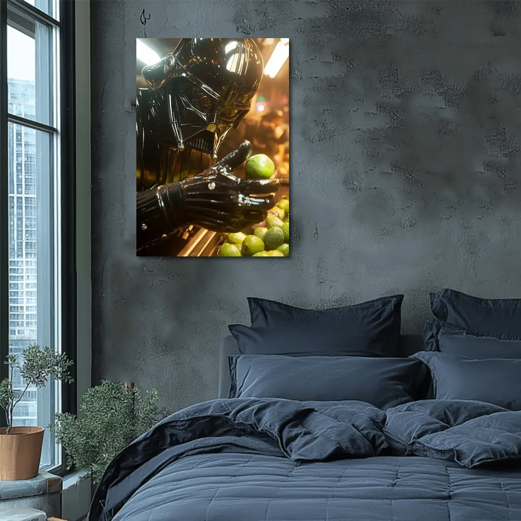 Dark Armored Figure Picking Green Fruits – Wall Art