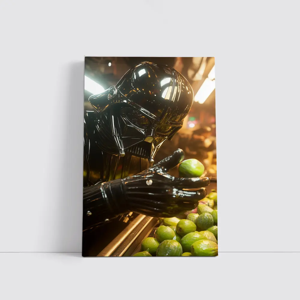 Dark Armored Figure Picking Green Fruits – Wall Art