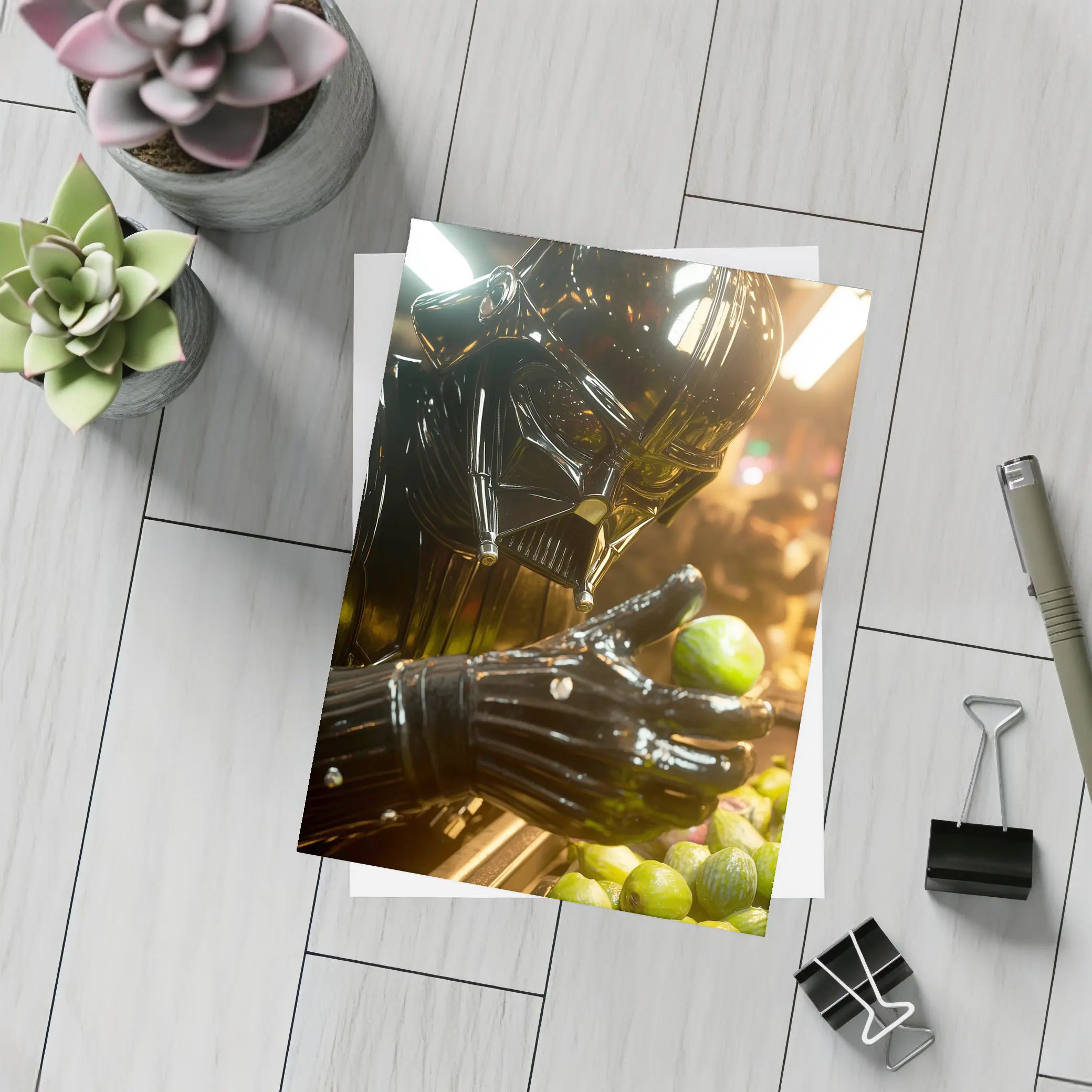 Dark Armored Figure Picking Green Fruits – Postcards